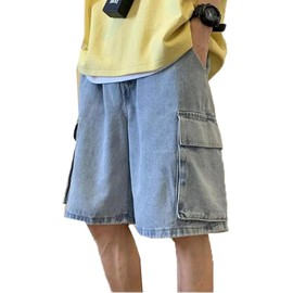 MAVQX Unisex Y2K Baggy Jean Shorts Hip Hop Cargo Pants Shorts Loose Fit Denim Shorts Streetwear (US, Alpha, Medium, Regular, Regular, Light Blue)
