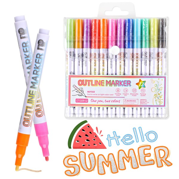 Glitter Pens,12 Colours Metallic Pen,Dual Line Highlighter Pen,Self Outline Pens