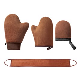 4 Pcs Self Tanning Mitt Set,Mini Fake Tan Back Tanner Applicator Glove,Washable Reusable Mitts Kit-With Velvet Exfoliate Gloves Thumb Cuff Design for Exfoliator Body,Face,Fingers,Toes for Women Mitten