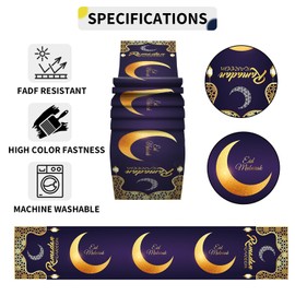 TesliteRamadan Table Runner, Eid Mubarak Ramadan Decor, Moon Star Islamic Runner Tablecloth Cover Home Dining Muslim Festival Party Celebration, Purple Gold