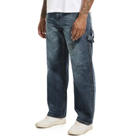 MZNBURAM Men's Non-Stretch Relaxed Fit Wide-Leg Baggy Jeans Pants (30, B#Medium Blue)