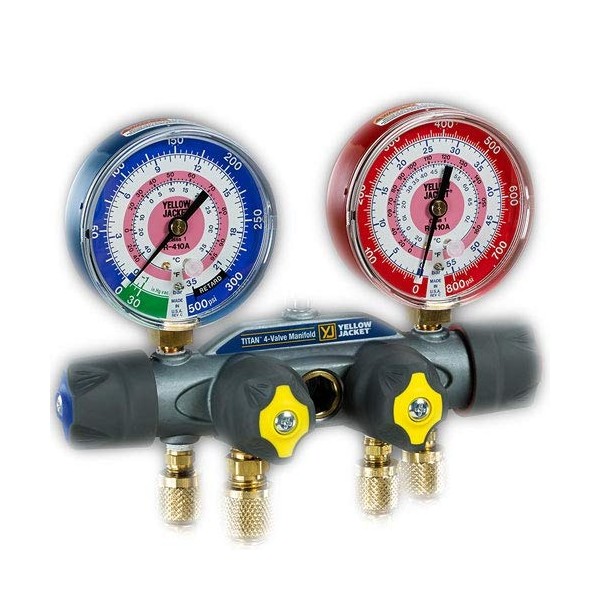 Yellow Jacket 49933 Manifold Only with 3/8" Vacuum Port Degrees F, bar/psi Scale, R-22/134A/404A Refrigerant, Red/Blue Gauges