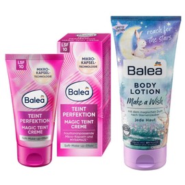 Balea 2er-Set: Gesichtscreme TEINT PERFEKTION mit Soft-Make-up-Effekt für strahlenden Look, LSF10 (50 ml) + Bodylotion MAKE A WISH Körperlotion, intensive Feuchtigkeit, magischer Duft (200 ml), 250 ml