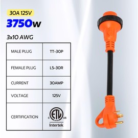 30 Amp to 30 Amp RV Adapter, NEMA TT-30P to L5-30R Female RV Power Adapter with Grip Handle, Durable and Safe ETL Listed 30amp to 110 Adapter, Heavy Duty 13 inch rv 30 amp Plug, Generator Cord