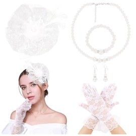 CIEHER 5 Pack Fascinators Hats for Women Tea Party, Kentucky Women Derby Hat Lace Gloves Big Pearl Jewelry Set - White(Style 3)