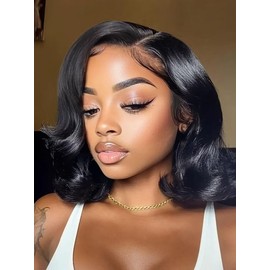 Nadula Short Layered Bob Human Hair Wig with Side Bangs 8 Inch Glueless 7x5 Bye Bye Knots Lace Closure Wig Pre Plucked Pre Cut Drawstring Wig Real Human Hair Ready to Wear for Women 150% Density