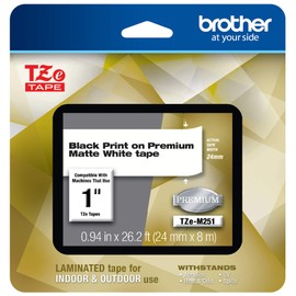 Brother P-touch TZe-M251 Black Print on Premium Matte White Laminated Tape 24mm (0.94”) wide x 8m (26.2’) long