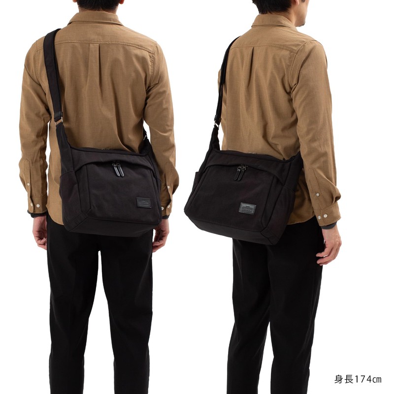 Mustache BAT-4071 Unisex B5 Shoulder Bag, Polyester x Cowhide, Black