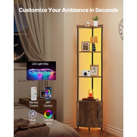 VEVOR 5 Tier Corner Shelf with LED Light, 65.4" Tall Corner Bookshelf with Storage Cabinet, Display Shelf with Multi-Color Lights Controlled Via RC/APP for Bedroom, Living Room, Office