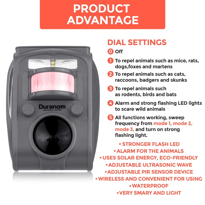 DURANOM Ultrasonic Animal Repeller – Solar Powered Outdoor Deterrent with