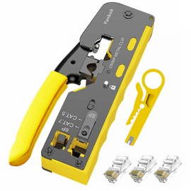 Yankok [All-in-One Pass Through Crimper] Crimps RJ45 Pass-Thru and RJ12 RJ11 Standard CAT5/5e CAT6 Unshielded and CAT6a CAT7 Shielded Network Connectors Strips and Cuts Ethernet Cables Yellow