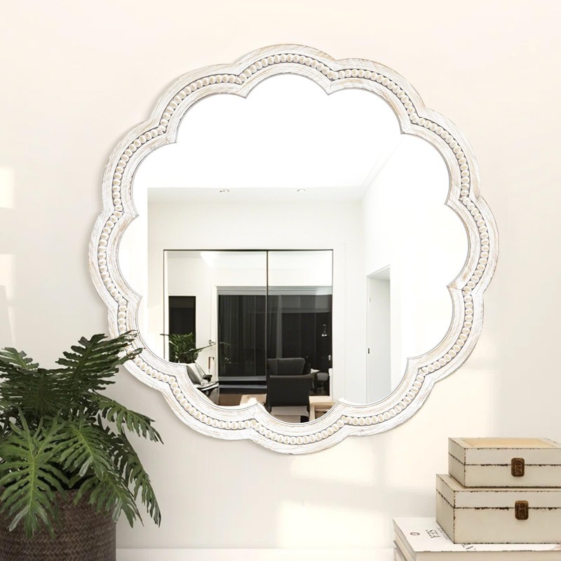 UPPER DECOR 24 Inch Round Wall Mirror, Whitewashed Wooden Frame