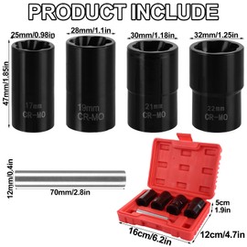 YOUNTHYE 5PCS Locking Wheel Nut Removal Tool 17mm 19mm 21mm 22mm, 1/2”Drive Twist Socket Set Bolt Extractor Set for Removing Damaged, Rusted, Rounded-Off Bolts