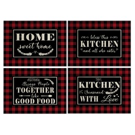 4Pack Farmhouse Decor Placemats Red White Buffalo Plaid Kitchen Inspirational Quotes Decor Table Mats Waterproof Heat Resistant Washable Non-Slip Place Mats for Dinner Kitchen Decor Table 12”×16”