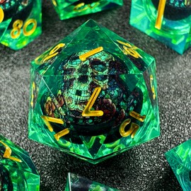 HAOMEJA Skull D&D Monster Resin Dice Set DND Skeleton 7 PCS Sharp Edges Dice with Gift Dragon Eye Bag Apply to Dungeons and Dragons Role Playing Game Gift (Skull A & Green)