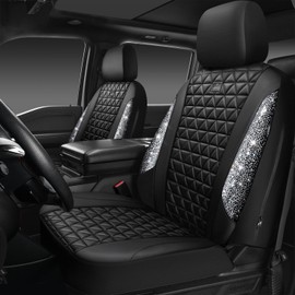 CAR PASS Bling Diamond Leather Car Seat Covers for 2 Front Interior Sets, Waterproof Shining Glitter Sparkly Crystal Universal Armrest Fit Automotive Truck SUV Cute Women Girl, Black Silver Rhinestone