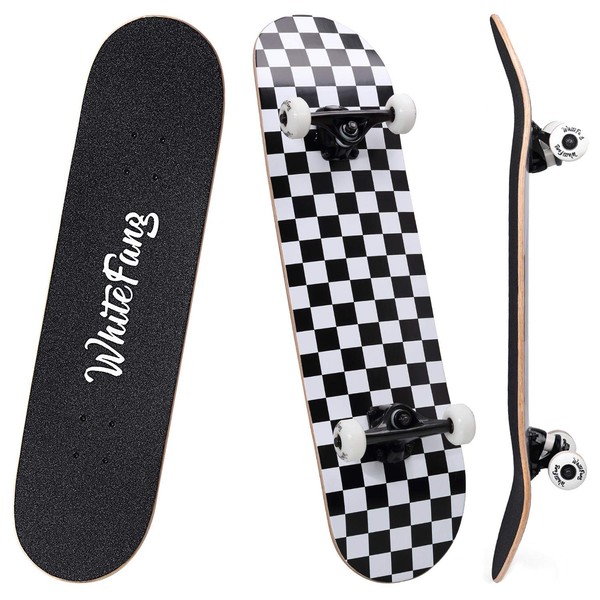 WhiteFang Skateboards for Beginners, Complete Skateboard 31 x 7.88, 7 Layer Canadian Maple Double Kick Concave Standard and Tricks Skateboards for Kids and Beginners (Check)