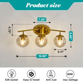 hesoge Gold Vanity Lights Over Mirror Mid Century Modern Bathroom Light Fixture with Glass Globes 3 Light Wall Sconce for Bathroom Farmhouse
