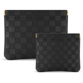 MGDOOG 2PCS, Checkered Leather Makeup Bag Set, Portable Cosmetic Bags for Women, Aesthetic Accessories Storage Bag for Women, Waterproof for Travel-Black