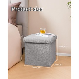 B FSOBEIIALEO Small Storage Ottoman Cube Sherpa Ottomans Foot Rest, Foldable Boucle Ottoman, Faux Teddy Fur, Grey 15"x15"x15"