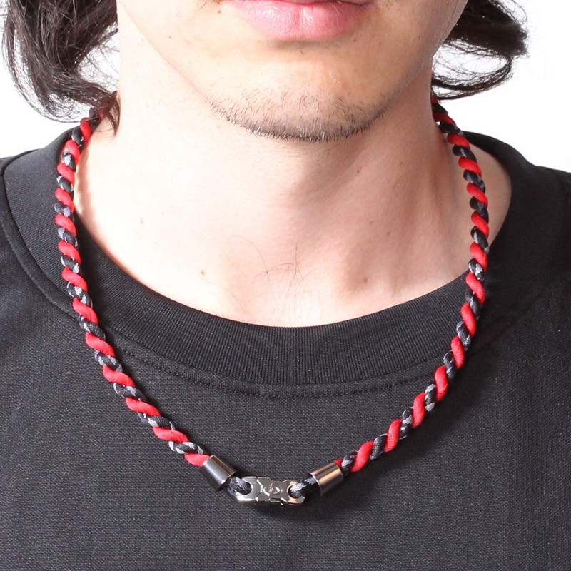 PHITEN Tornado Chrome Titanium Necklace, Black/Red, 18-Inch