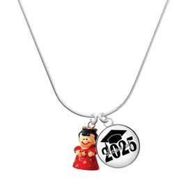 Delight Jewelry Resin Red Angel Holding Star Script Class of 2025 Dome Charm Necklace, 18"