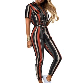 YMING Ladies Solid Color One Piece Outfits Fall Loose Fit Tracksuit Short Sleeve Jumpsuits Stripe XL