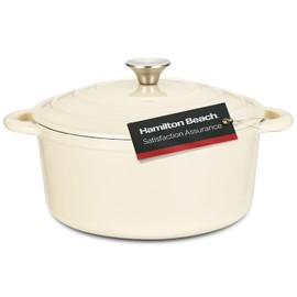 Hamilton Beach Enameled Cast Iron Dutch Oven 5.5-Quart Cream, Cream Enamel Dutch Oven Pot with Lid, Cast Iron Dutch Oven with Even Heat Distribution, Safe Up to 400 Degrees, Durable