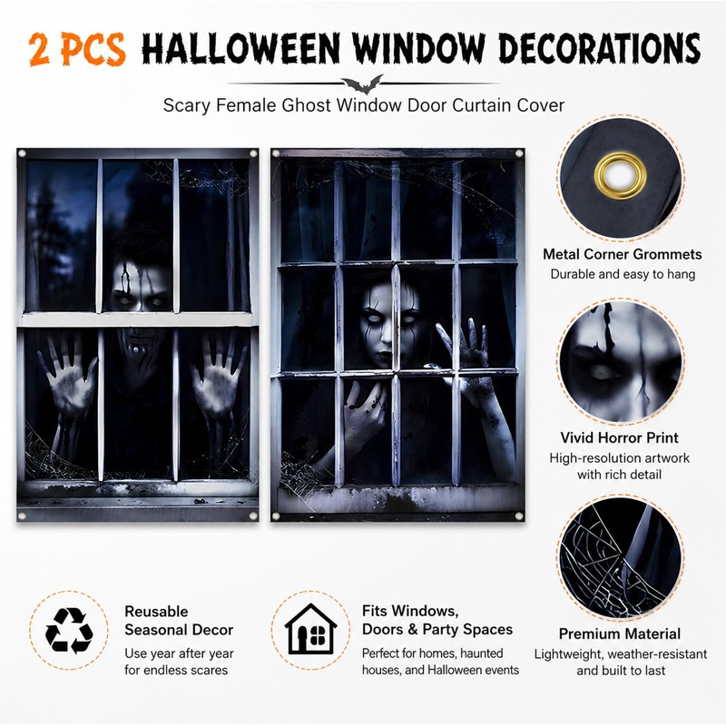 2Pcs Halloween Ghost Window Curtain Cover, Scary Halloween Decorations