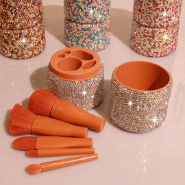 Bestbling Bling Sparkling rhinestone Five-Piece Makeup Brush Set-Complete Beauty Tool Kit for Flawless Makeup Application (Silver)