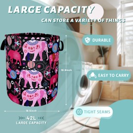 Pink Mandala Elephants Laundry Basket Foldable With Handles Boho Tote Bag Waterproof Oxford Cloth Colorful Laundry Hamper 18.9"x1 6.5 "Clothe Storage Bucket Toy Organizer For Bathroom/Laundry/Bedroom