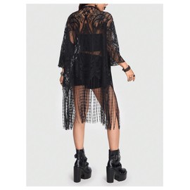 MakeMeChic Women's Lace Sheer Fringe Kimono Hollow Out Top Open Front Long Sleeve Beach Cover Up Black Small
