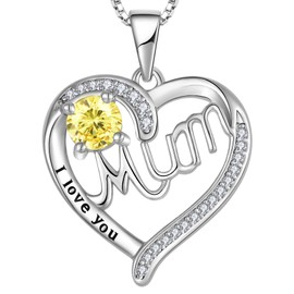 YL Mum Necklace 925 Sterling Silver Engraved"I Love You" cut November Birthstone Citrine Mum Pendant for Women