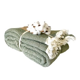 100% Cotton Muslin Blanket, 4 Layers Bedspread, Soft Turkish Cotton Muslin Bed Cover, Reversible Coverlet, Green (Full/Queen Size 91x95-230x240cm)