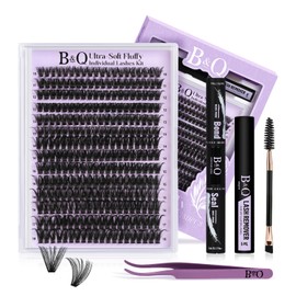 B&Q Cluster Lashes kit 280PCS 90D Volume Lash Extension Kit 10-18mm Ultra-Soft Eyelash Clusters D Curl Easy Application Individual Lashes at Home with Bond and Seal (90D Set-D-10-18)