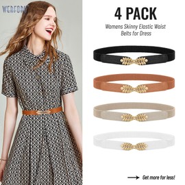 WERFORU 4 Pack Women Skinny Elastic Belts Ladies Fashion Stretchy Thin Waist Belt for Dresses Pants Black/White/Brown/Beige