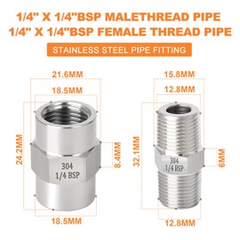 GASHER 4PCS 304 Stainless Steel Pipe Fitting, Hex Nipple Hex Coupling, 1/4" x 1/4" BSP Male Thread Pipe, 1/4Inch x 1/4Inch BSP Female Thread Pipe