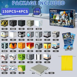 150PCS Magnetic Blocks with 4 Magnet Base Plates, Magnetic Building Blocks Cubes Build Space Rocket, Magnet Tiles Set STEM Sensory Construction Toys Birthday Gifts for Kids Boys Girls Ages 3+