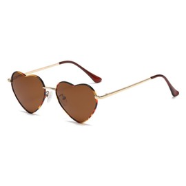 RUNHUIS Polarised Heart Shape Sunglasses Women Men Hippie Glasses Vintage Love Sunglasses for Festival Party Gold Metal Frame with UV400, Gold-leopard/tea