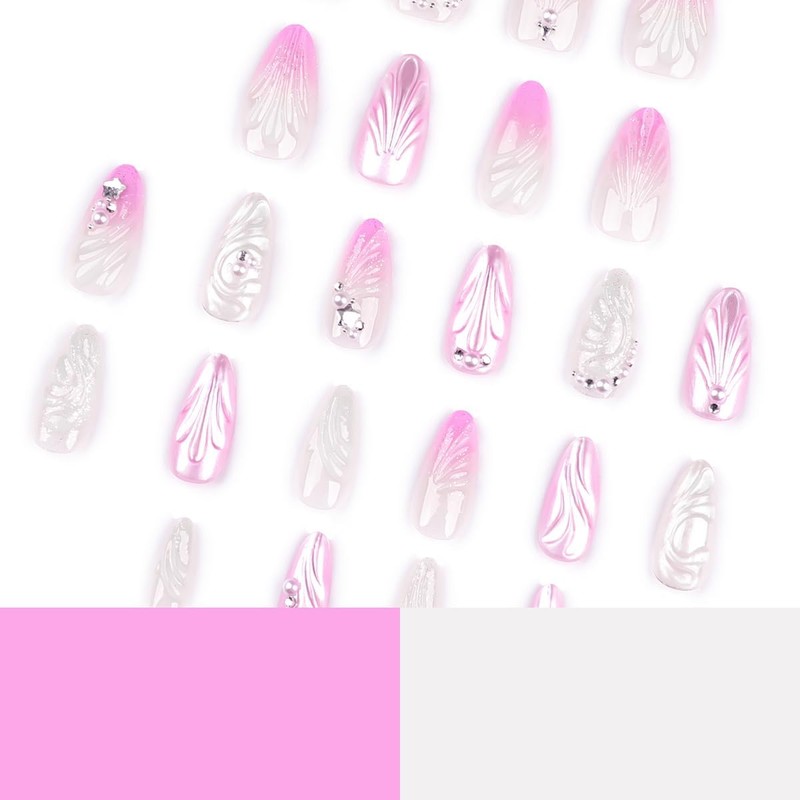 Tressora 24Pcs 3D Handmade Press on for Medium Pink Almond