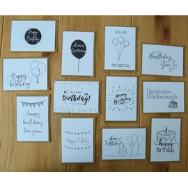 Freyheit 12 x Stylish Birthday Cards (A6 Format) Black and White Birthday Cards with High-Quality Kraft Envelope