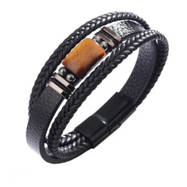 APMGONT Men's Tiger's Eye Leather Bracelet, Tiger's Eye Multilayer Braided Leather Bracelet, Braided Tiger's Eye Leather Bracelet with Magnetic Clasp, Tiger's Eye Leather Strap, Gift for Men, Faux