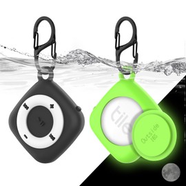 [2 Pack] Silicone Case for Tile Mate 2022, Waterproof Protective Cover for Tile Tracker, Full Body Anti-Scratch Cover for Tile Holder, Classic Retro MP3 Player Design with Carabiner (Black+Glow Green)