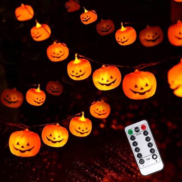 Woochic Halloween String Lights, LED Pumpkin Lights - 3D Waterproof Orange Jack-O-Lantern 20 LED Battery Operated String Lights, 8 Modes Holiday Lights for Indoor Outdoor Decor Party Decorations…