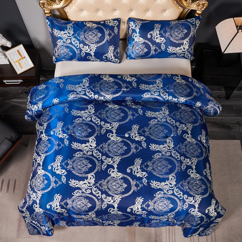 Herside Dark Blue Jacquard Duvet Cover Set Double Bedding Set
