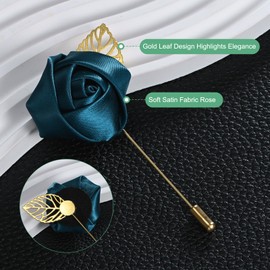 M METERXITY 1-Set Flower Lapel Pins for Men, Golden Leaf Rose Boutonnieres Pin for Wedding/Dance/Party, Mens Lapel Pins for Suits Satin Flower Corsage Hat Pins [Elegance Set]