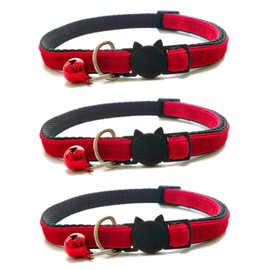 Velvet Cat Collars with Bell. Safe Breakaway Quick Release Buckle. Available in Cat & Kitten Size (Pack of 3) (Kitten Collar (15cm - 23cm), Red Velvet (Pack of 3))