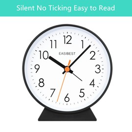 EASIBEST No Ticking Silent Alarm Clock,Easy to Read and Use,Ascending Sound,1 AA Battery Operated,Snooze Light,Bedside Desk Clock,Black