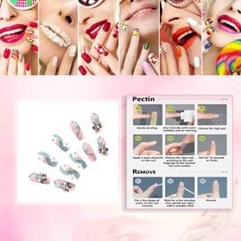 Rchovsam xl Square Press on Nails Long Green French Tip Fake Nails Butterfly Diamond Designs Nails Press Ons Green Glitter Stick on Nails Full Cover Artificial Nails Gift for Women 24pcs