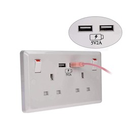 Double Wall Plug Socket 2 Gang 13A with 2 USB Charger Port Outlets Plate White - BS1363